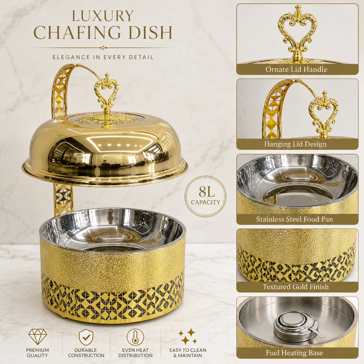 KUOMIE Luxury 8L Gold Chafing Dish with Hanging Lid, Stainless Steel Food Warmer for Weddings, Hotel Buffets, Catering Events, Parties, and Banquets