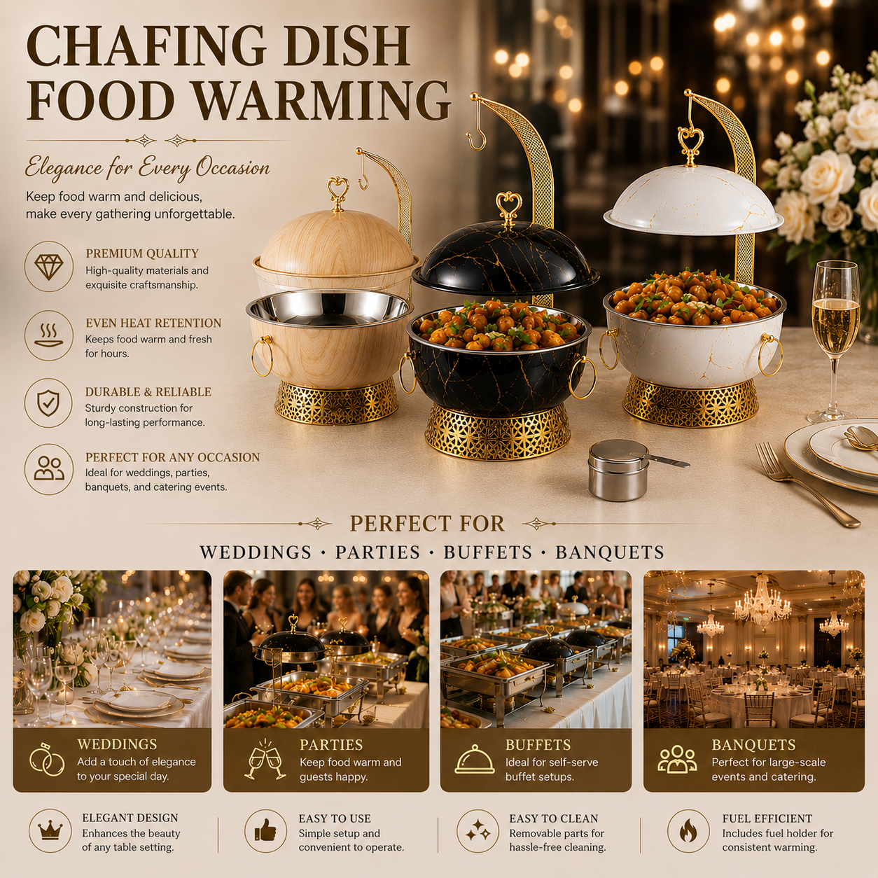Luxury 8L Stainless Steel Chafing Dish with Hanging Lid for Hotel Buffet, Restaurant Catering & Wedding Banquets
