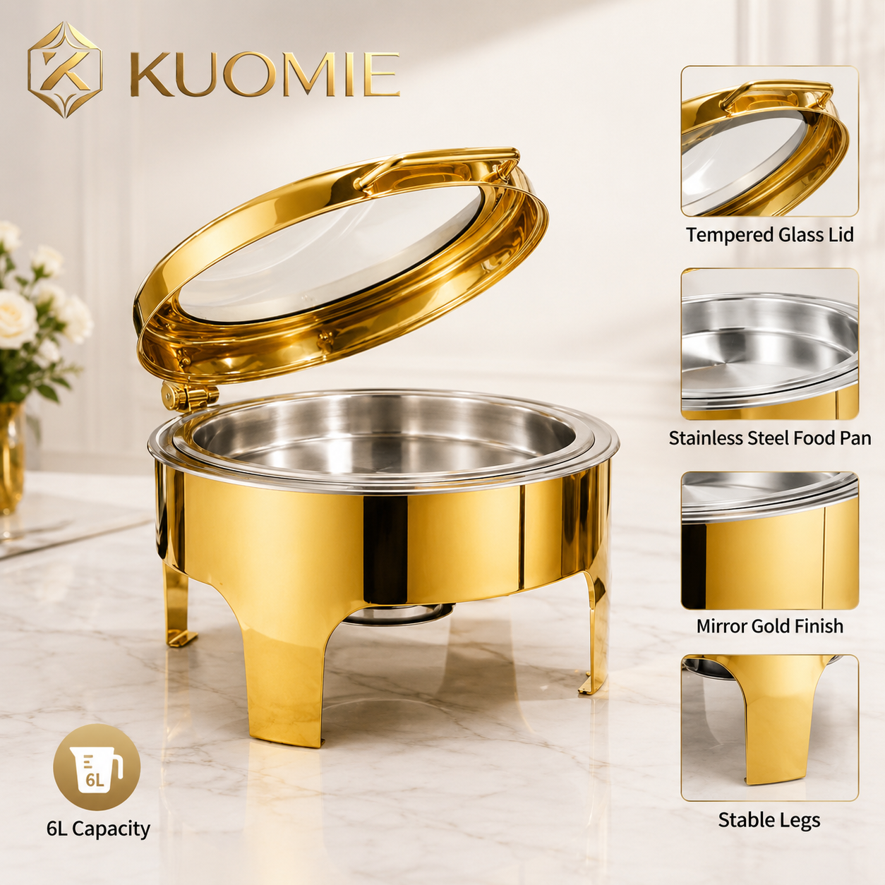 6L Round Chafing Dish with Glass Lid | KUOMIE