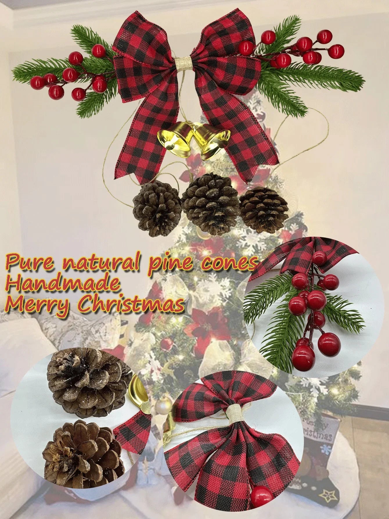1pc christmas door decoration,Christmas decorations ,Hanging With Pines Red Berries And Pure natural pine cones - kuomie