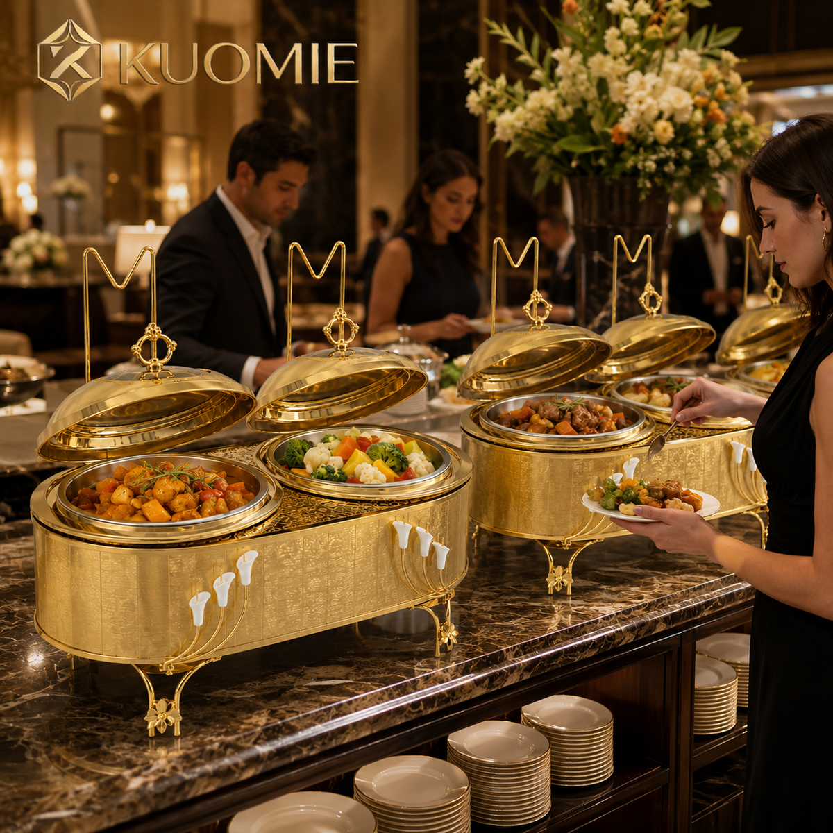 KUOMIE Luxury 16L Dual Compartment Gold Chafing Dish with Stainless Steel Food Pans for Weddings, Buffets, Hotels & Events