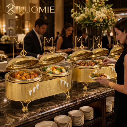 KUOMIE Luxury 16L Dual Compartment Gold Chafing Dish with Stainless Steel Food Pans for Weddings, Buffets, Hotels & Events