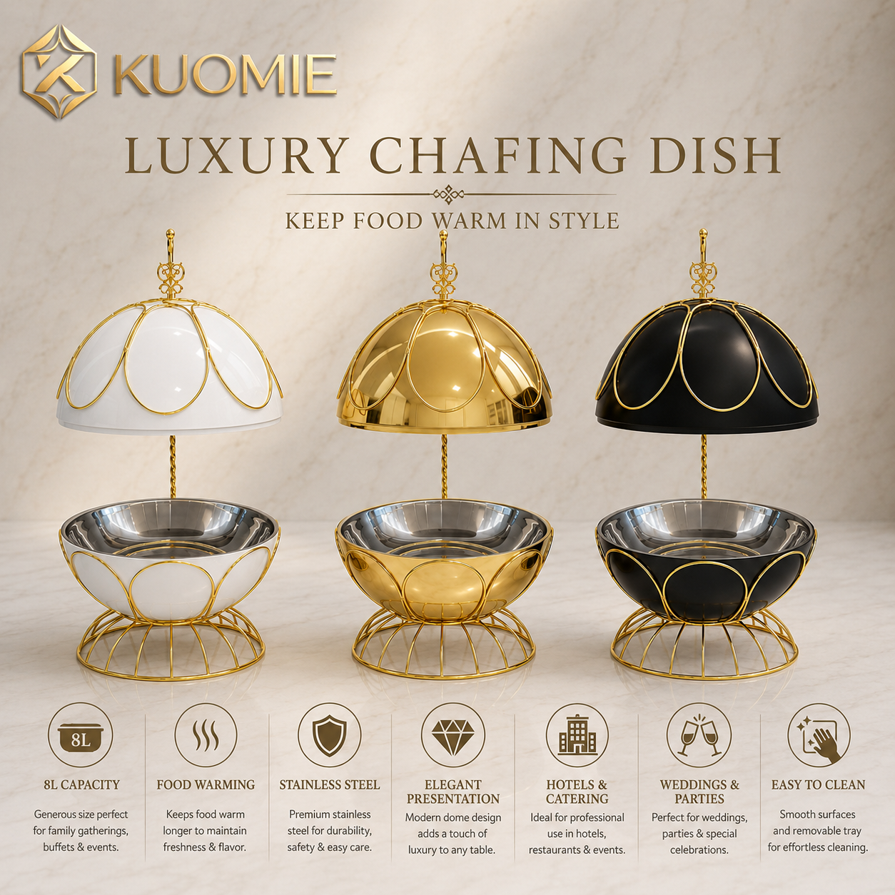 8L Luxury Chafing Dish with Hanging Petal Dome Lid for Hotel Buffets, Weddings and Catering