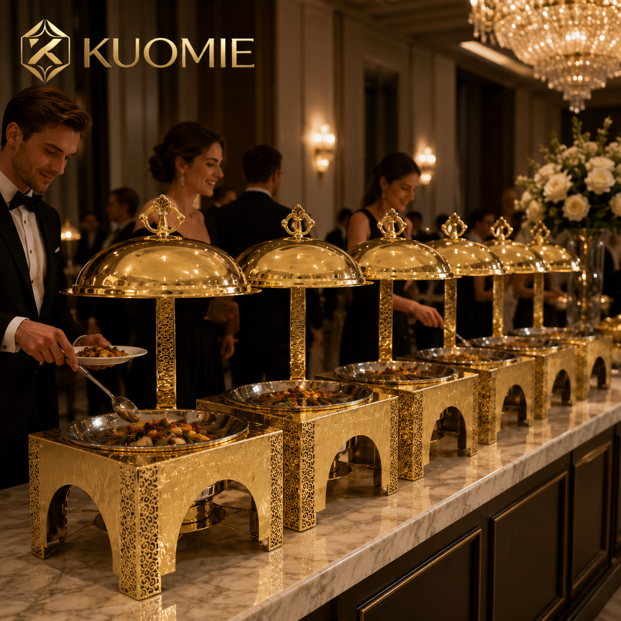 KUOMIE Premium Gold Food Warmer with Decorative Square Base for Hotels and Weddings