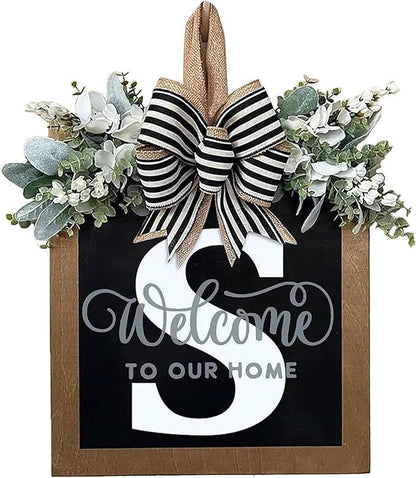 Last Name Year Round Front Door Wreath Front Porch Decoration 26 Letter Welcome Sign with Eucalyptus Garland and Bow Spring Wreaths for Front Door Outside Hanger Garland - kuomie