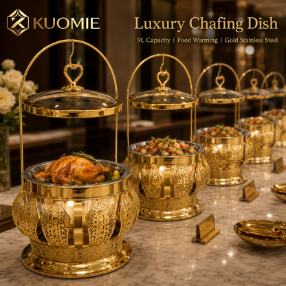 Luxury Round Gold Chafing Dish with Glass Lid, Stainless Steel Food Pan & Decorative Hanging Handle for Hotel Buffet, Wedding Catering, Banquets and Parties