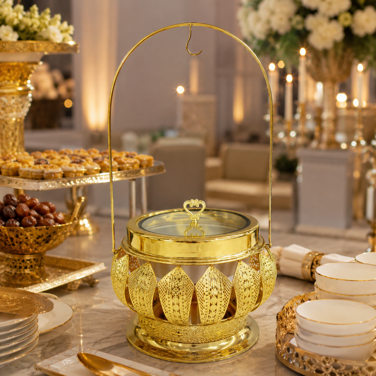Luxury Round Gold Chafing Dish with Glass Lid, Stainless Steel Food Pan & Decorative Hanging Handle for Hotel Buffet, Wedding Catering, Banquets and Parties