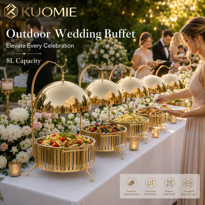 KUOMIE 8L Luxury Gold Chafing Dish with Hanging Dome Lid, Stainless Steel Food Pan, and Buffet Food Warmer Design for Weddings, Hotels, Catering, Banquets, and Parties