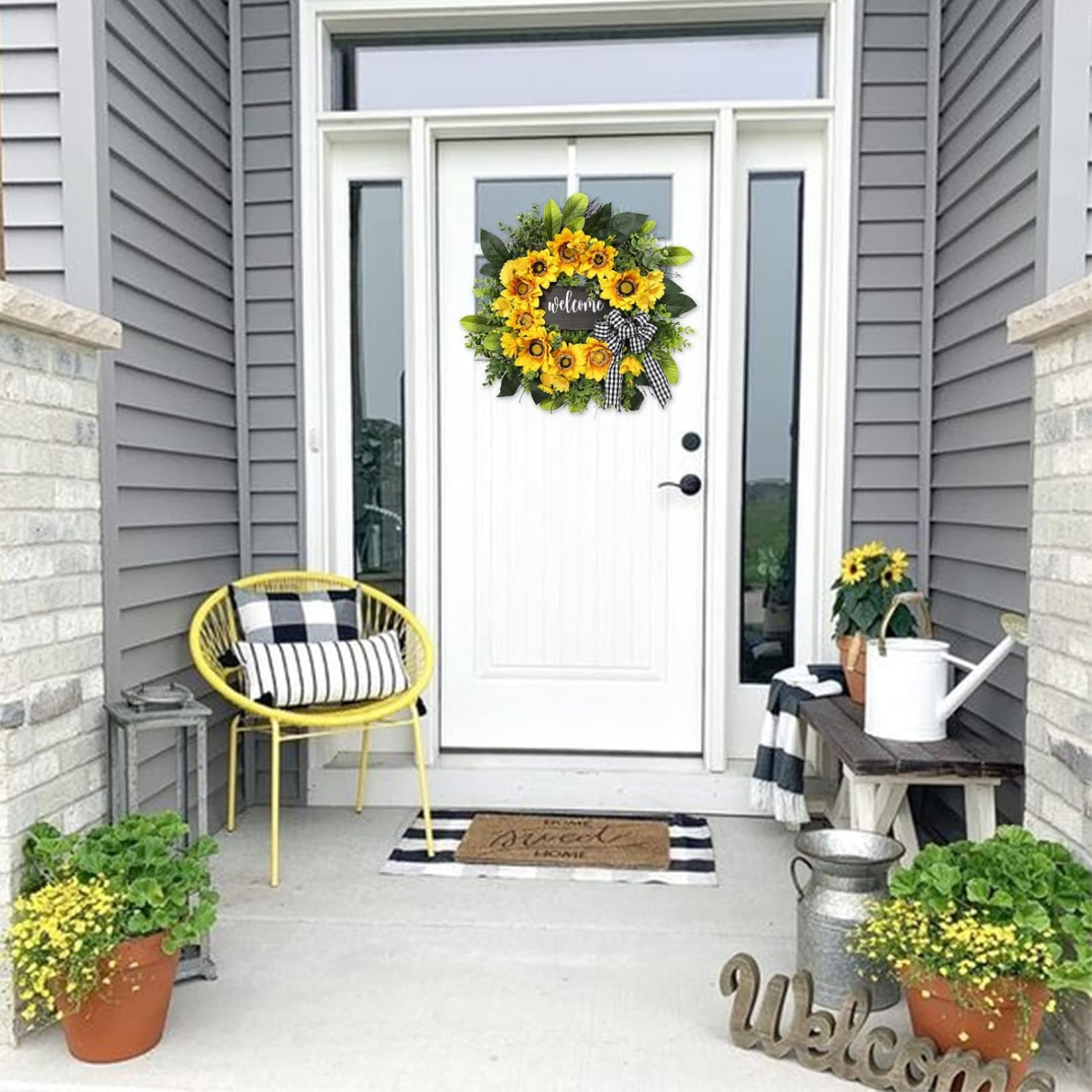 Sunflower Wreath with Welcome,Spring Summer Wreath for Front Door, Unique Housewarming Gift,mother'day Gift,Farmhouse Porch Decor,Sunflower Wall Decor,Year Round wreaths-20inch - kuomie