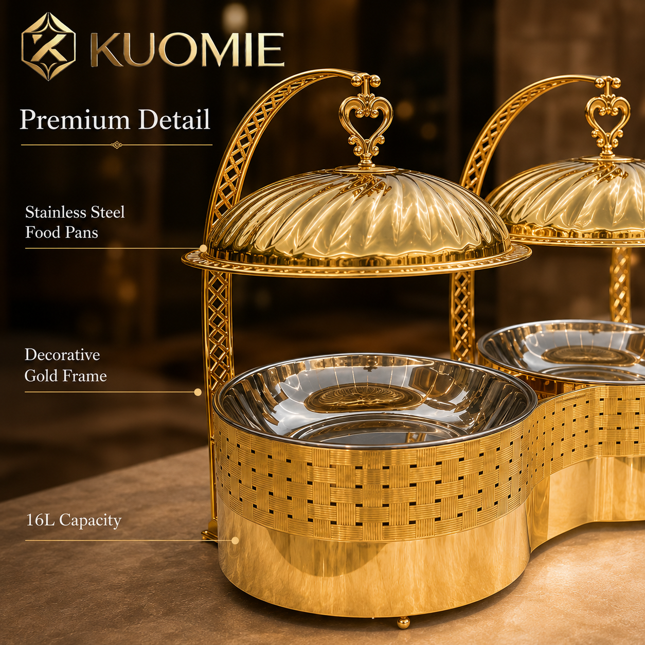 16L Dual-Pan Gold Chafing Dish with Suspended Dome Lids | KUOMIE