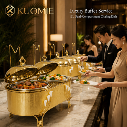 KUOMIE Luxury 16L Dual Compartment Gold Chafing Dish with Stainless Steel Food Pans for Weddings, Buffets, Hotels & Events
