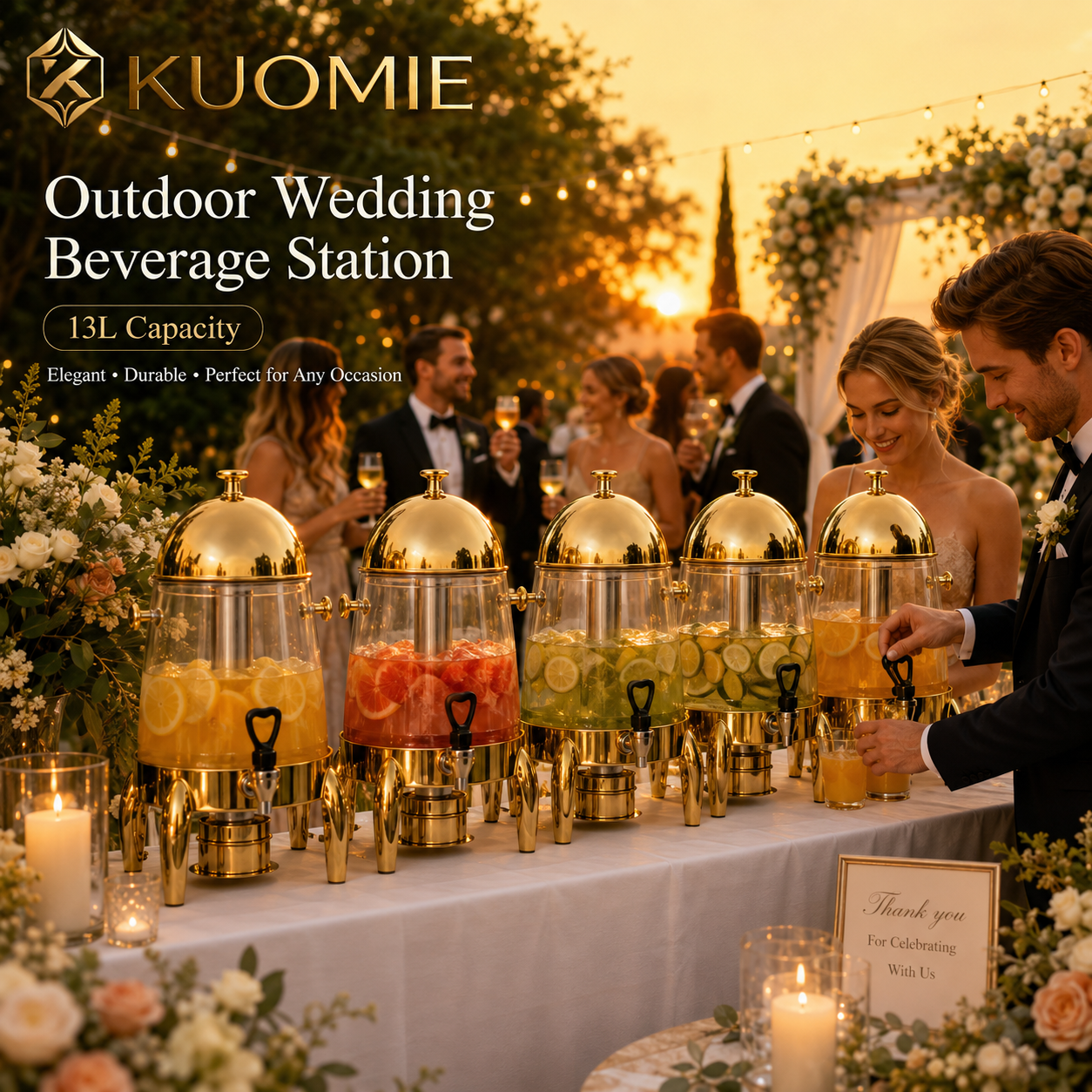 KUOMIE 13L Stainless Steel Beverage Dispenser with Clear Juice Tank, Mirror Polished Lid, Faucet, and Drip Tray for Hotels, Buffets, Weddings, Catering, and Parties