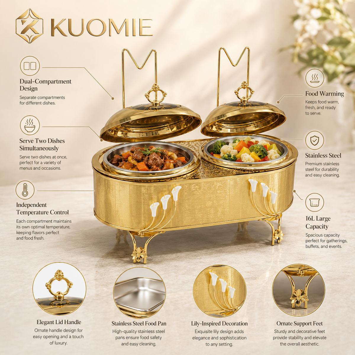 KUOMIE Luxury 16L Dual Compartment Gold Chafing Dish with Stainless Steel Food Pans for Weddings, Buffets, Hotels & Events