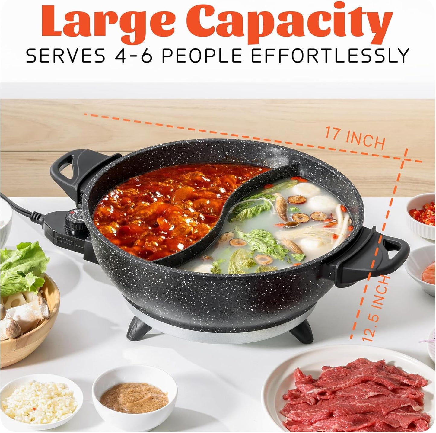 Electric Hot Pot with Divider | EvenHeat Cast Aluminum Non-Stick Pot for No-Spot Cooking | 1500W Fast Heating | Dual-Flavor Shabu Shabu Pot for Family Use | 1-Yr Warranty