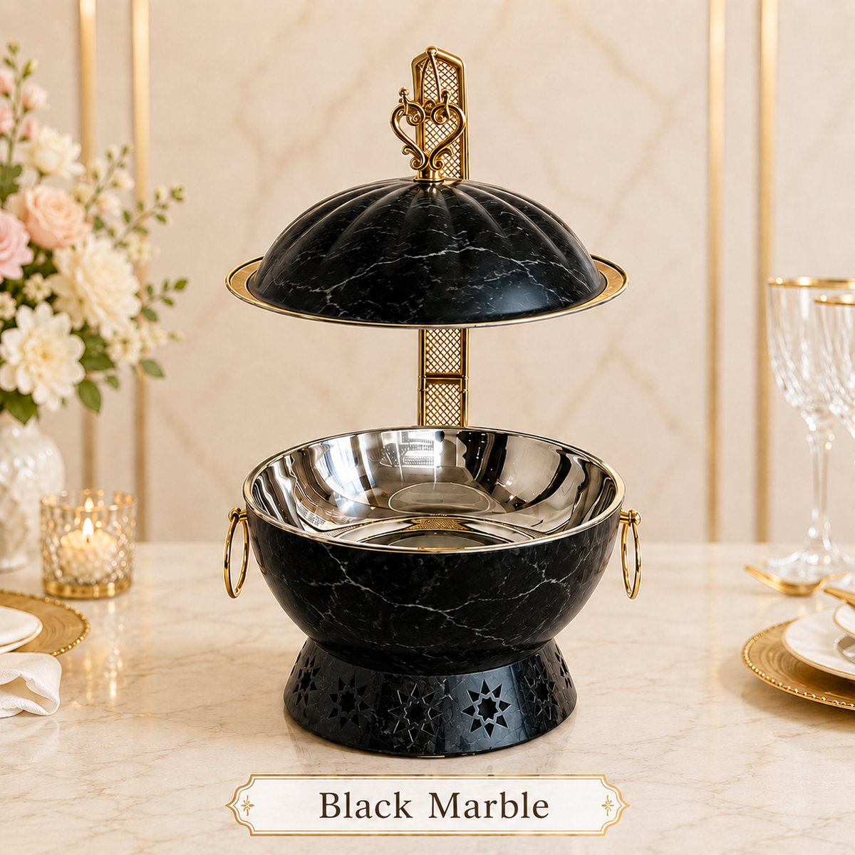 Luxury Marble Chafing Dish with Gold Accents for Weddings, Hotels & Banquets