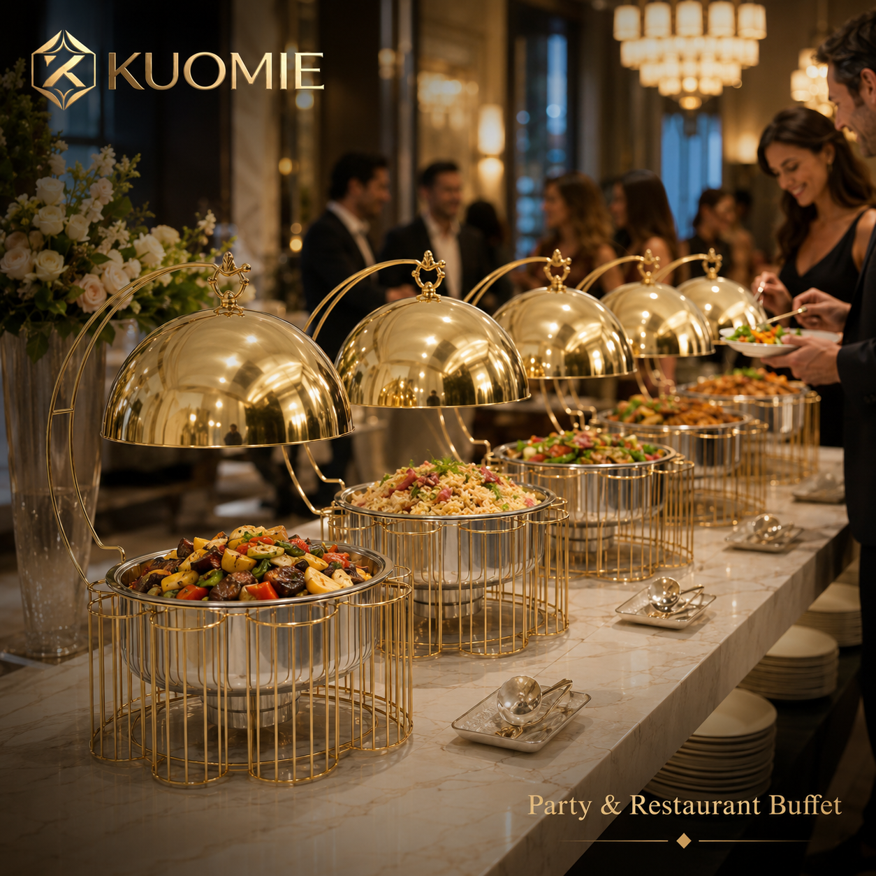Luxury Gold Round Chafing Dish Set with Dome Lid for Outdoor Wedding Buffet, Catering Events & Party Food Warmer