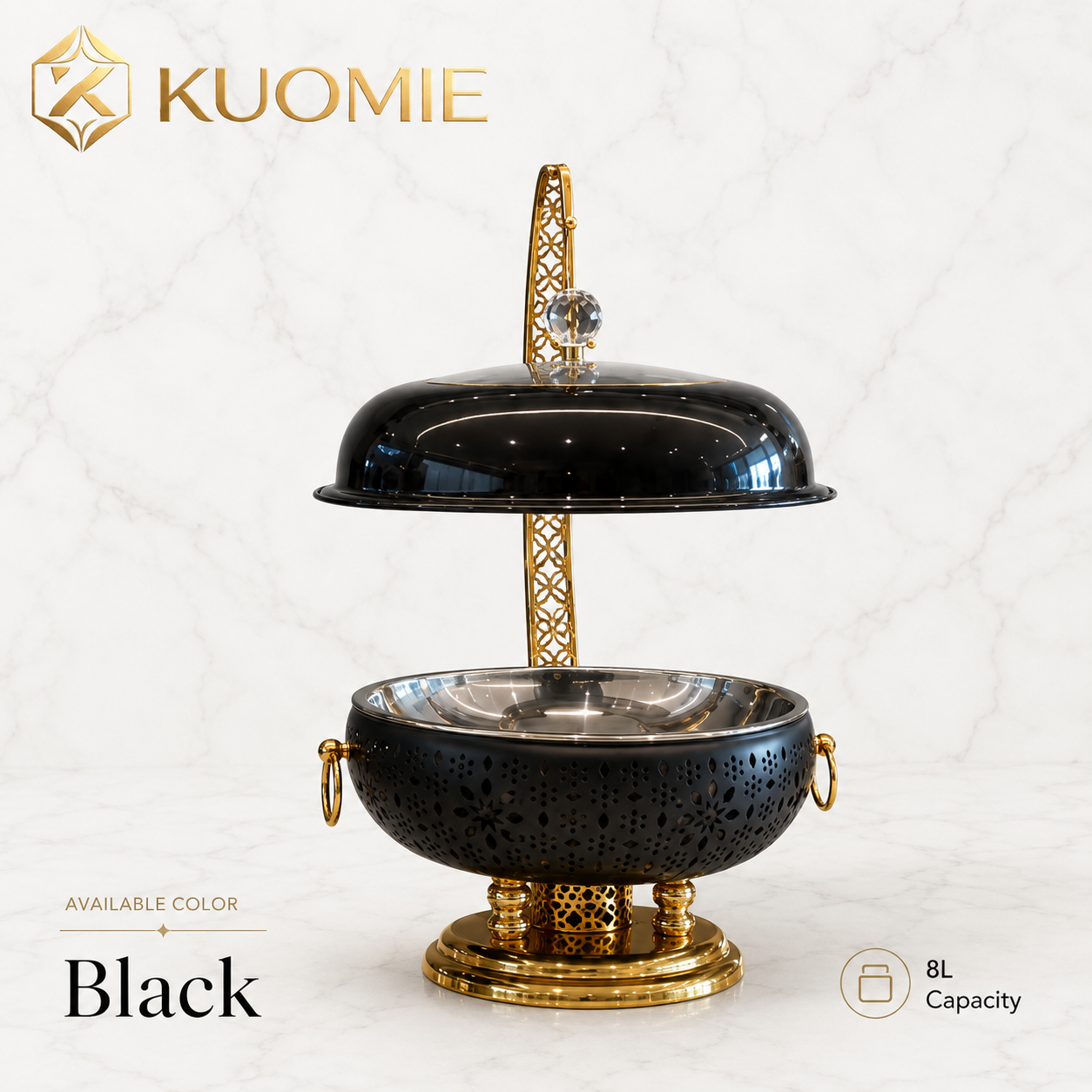 KUOMIE Premium Stainless Steel Food Warmer with Decorative Gold Stand