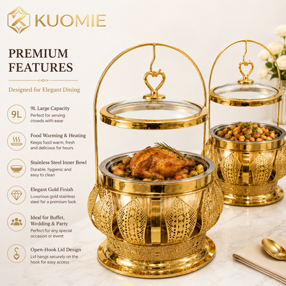 Luxury Round Gold Chafing Dish with Glass Lid, Stainless Steel Food Pan & Decorative Hanging Handle for Hotel Buffet, Wedding Catering, Banquets and Parties