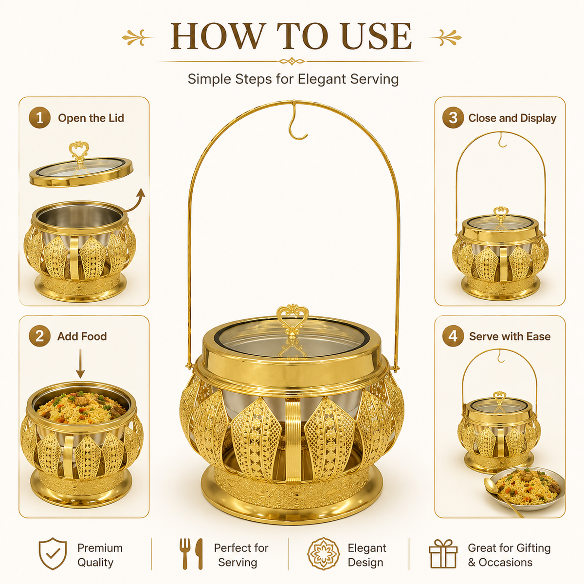Luxury Round Gold Chafing Dish with Glass Lid, Stainless Steel Food Pan & Decorative Hanging Handle for Hotel Buffet, Wedding Catering, Banquets and Parties