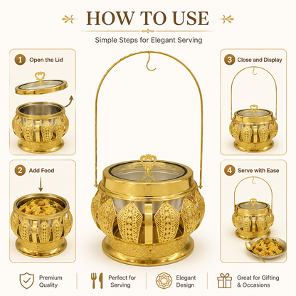 Luxury Round Gold Chafing Dish with Glass Lid, Stainless Steel Food Pan & Decorative Hanging Handle for Hotel Buffet, Wedding Catering, Banquets and Parties