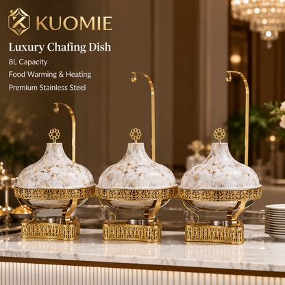 KUOMIE 8L Luxury Chafing Dish with Hanging Lid, Stainless Steel Food Pan, Gold Filigree Buffet Warmer for Weddings, Hotels, Catering, Parties and Events