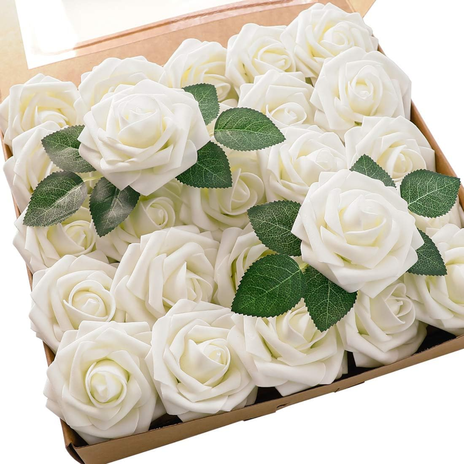 Artificial Flowers 25pcs Real Looking Ivory Foam Fake Roses with Stems for DIY Wedding Bouquets White Bridal Shower Centerpieces Arrangements Party Tables Decorations - kuomie