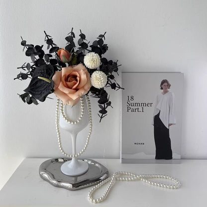 1pc Elegant Faux Rose Arrangement in Luxury Wine Glass Vase with Decorative Pearls Living Room Decor,autumn home decor,autumn decor,room decor