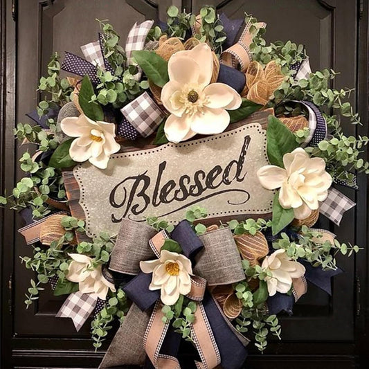 Spring Summer Wreath for Front Door,Farmhouse Magnolia Porch Decoration,Front Door Hanger,Housewarming Gift, Buffalo Plaid Year Round Wreath,Summer Home Decor - kuomie