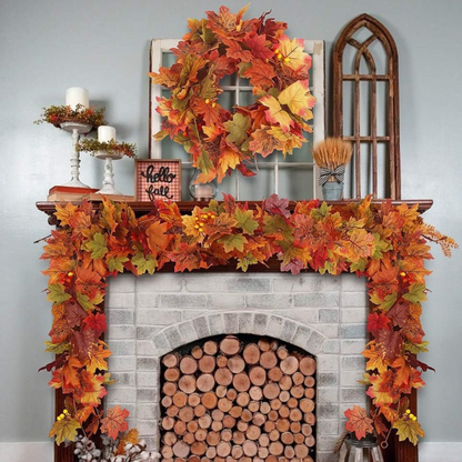 2 Pack Fall Maple Leaves Garland with LED Light 5.7 Feet Artificial Autumn Maple Hanging Vine Foliage with Hanging Hook for Indoor Outdoor Decor Fireplace Halloween Thanksgiving(Without battery) - kuomie