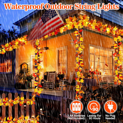 2 Pack Fall Maple Leaves Garland with LED Light 5.7 Feet Artificial Autumn Maple Hanging Vine Foliage with Hanging Hook for Indoor Outdoor Decor Fireplace Halloween Thanksgiving(Without battery) - kuomie