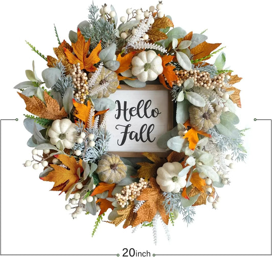 20inch Thanksgiving Fall Wreath, Eucalyptus Berries Pumpkins Lamb Ears Leaves Autumn Wreaths for Front Door, Fall Decor, Porch Wall, Home Outdoor Holiday Decorations Wreath for Autumn - kuomie