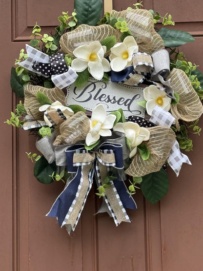 Spring Summer Wreath for Front Door,Farmhouse Magnolia Porch Decoration,Front Door Hanger,Housewarming Gift, Buffalo Plaid Year Round Wreath,Summer Home Decor - kuomie