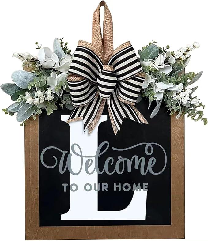 Last Name Year Round Front Door Wreath Front Porch Decoration 26 Letter Welcome Sign with Eucalyptus Garland and Bow Spring Wreaths for Front Door Outside Hanger Garland - kuomie