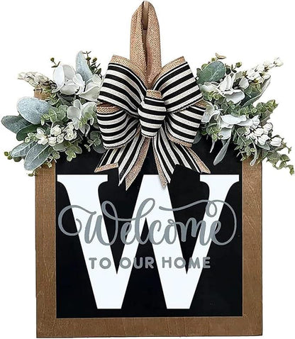 Last Name Year Round Front Door Wreath Front Porch Decoration 26 Letter Welcome Sign with Eucalyptus Garland and Bow Spring Wreaths for Front Door Outside Hanger Garland - kuomie