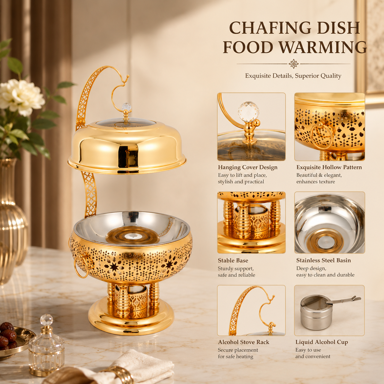 Luxury Chafing dish ,Food warming Elegant 8L Stainless Steel Gold Food Warmer with Hanging Lid for Party and Wedding Table Setting