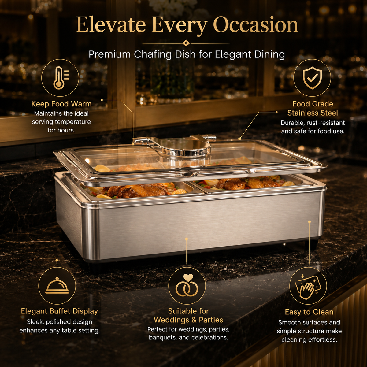 Stainless Steel Rectangular Chafing Dish with Hinged Lid for Buffet, Catering & Events