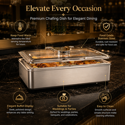 Stainless Steel Rectangular Chafing Dish with Hinged Lid for Buffet, Catering & Events