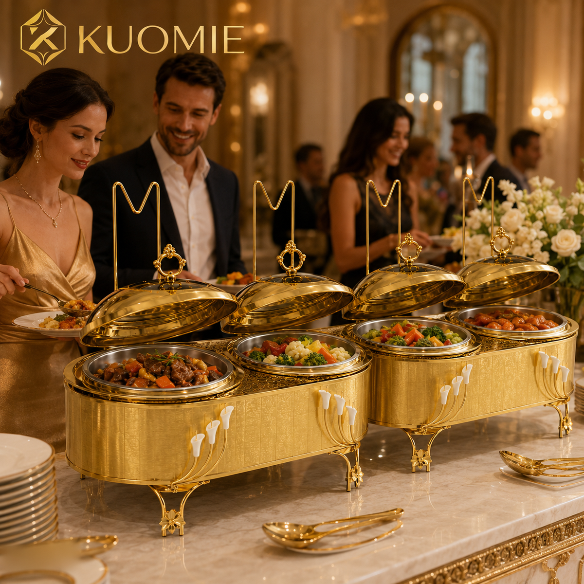 KUOMIE Luxury 16L Dual Compartment Gold Chafing Dish with Stainless Steel Food Pans for Weddings, Buffets, Hotels & Events