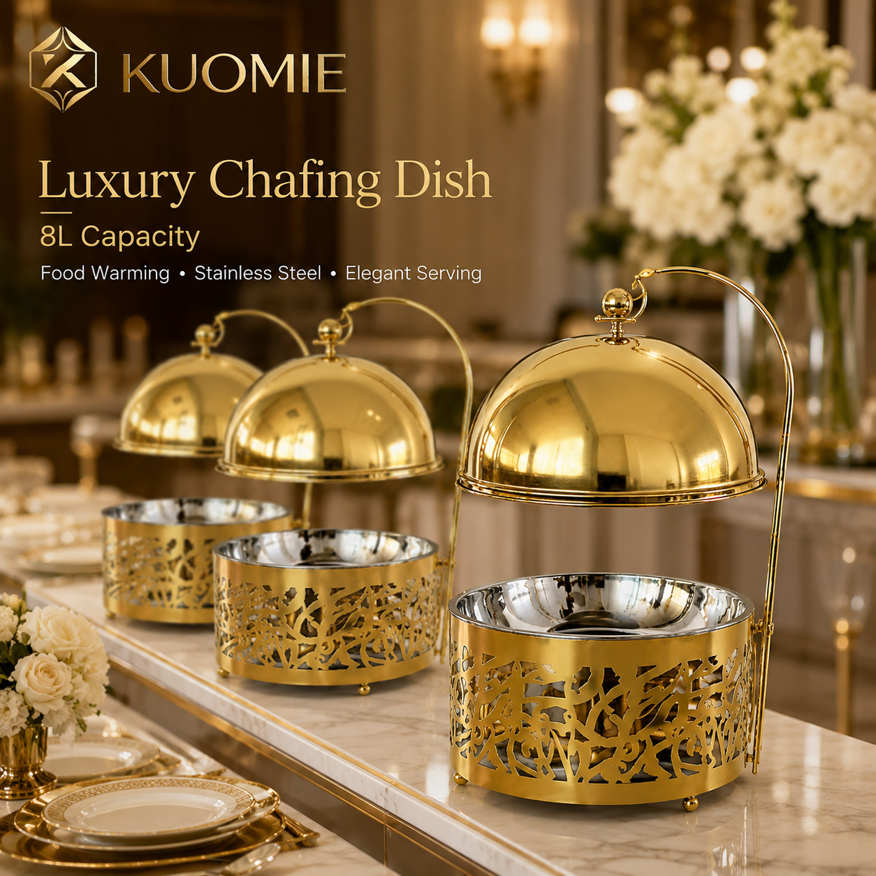 KUOMIE 8L Luxury Gold Chafing Dish for Wedding Catering and Hotel Buffets
