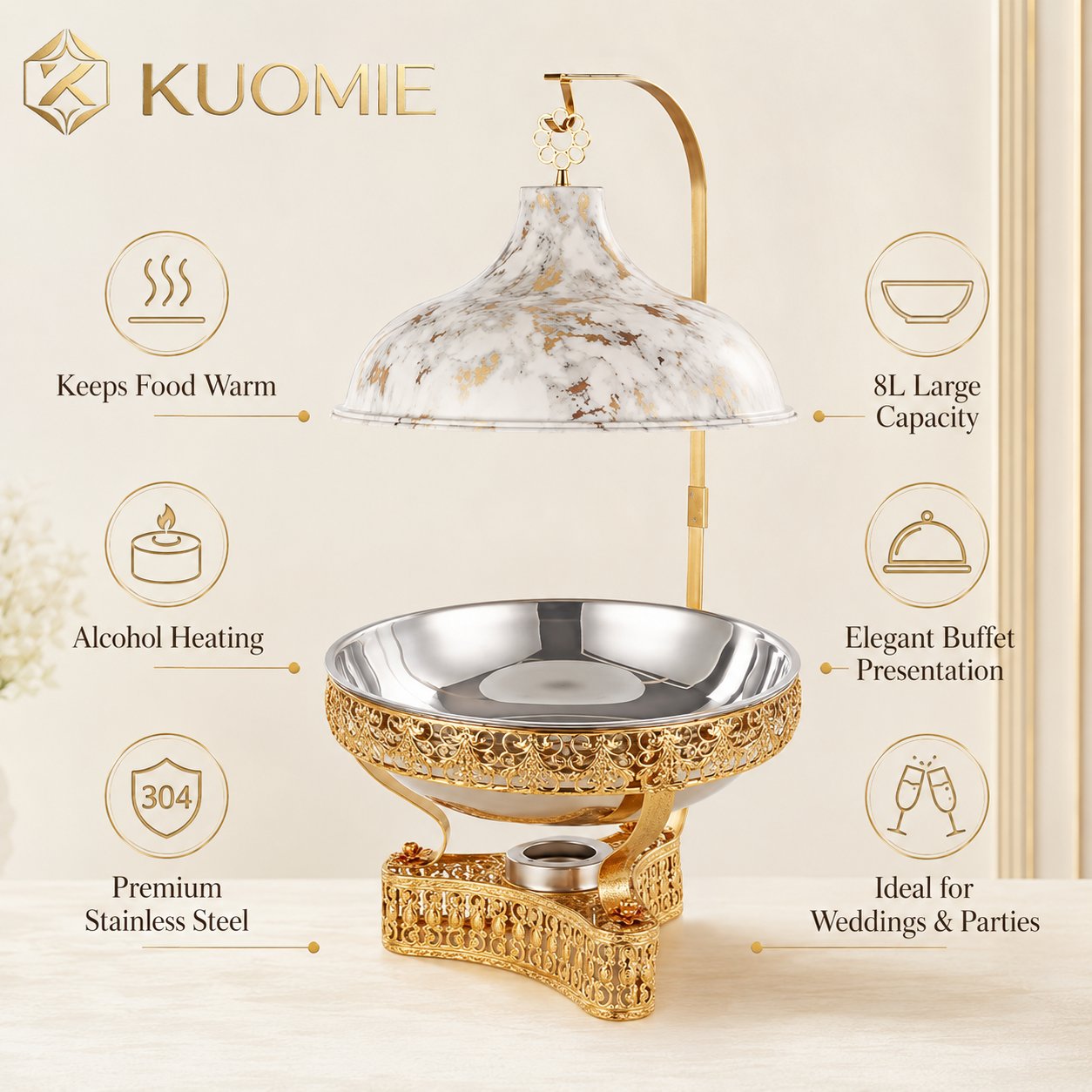 KUOMIE 8L Luxury Chafing Dish with Hanging Lid, Stainless Steel Food Pan, Gold Filigree Buffet Warmer for Weddings, Hotels, Catering, Parties and Events