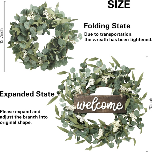 Green Eucalyptus Wreath with Welcome Sign 20in Artificial Spring Summer White Berries for Front Door Wall Window Festival Farmhouse Porch Patio Garden Decor, White,green - kuomie