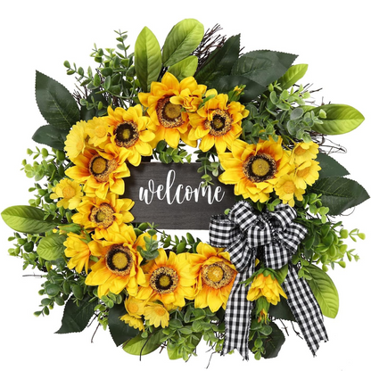 Sunflower Wreath with Welcome,Spring Summer Wreath for Front Door, Unique Housewarming Gift,mother'day Gift,Farmhouse Porch Decor,Sunflower Wall Decor,Year Round wreaths-20inch - kuomie