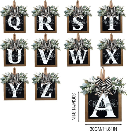 Last Name Year Round Front Door Wreath Front Porch Decoration 26 Letter Welcome Sign with Eucalyptus Garland and Bow Spring Wreaths for Front Door Outside Hanger Garland - kuomie