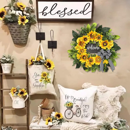 Sunflower Wreath with Welcome,Spring Summer Wreath for Front Door, Unique Housewarming Gift,mother'day Gift,Farmhouse Porch Decor,Sunflower Wall Decor,Year Round wreaths-20inch - kuomie
