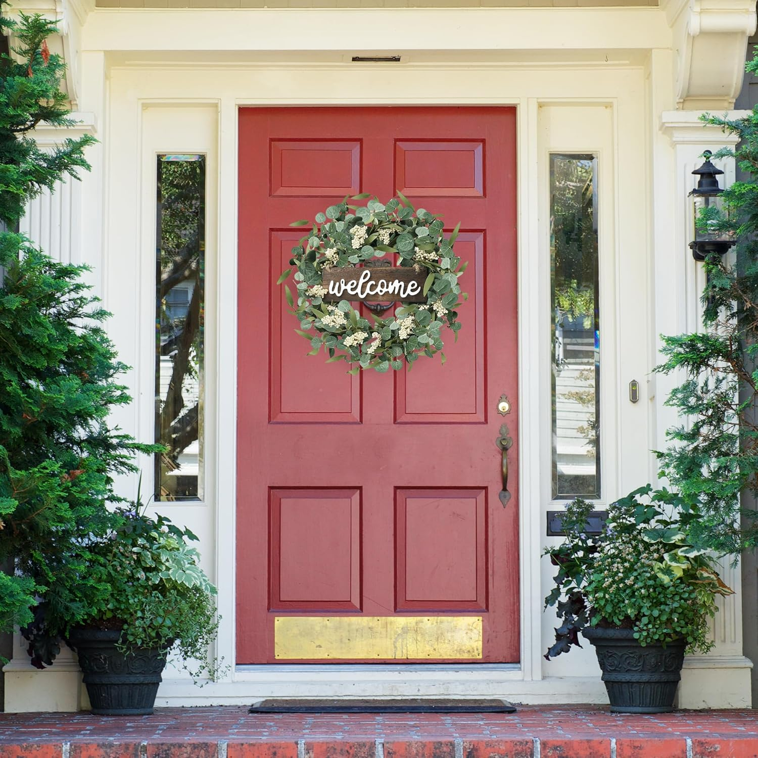 Green Eucalyptus Wreath with Welcome Sign 20in Artificial Spring Summer White Berries for Front Door Wall Window Festival Farmhouse Porch Patio Garden Decor, White,green - kuomie