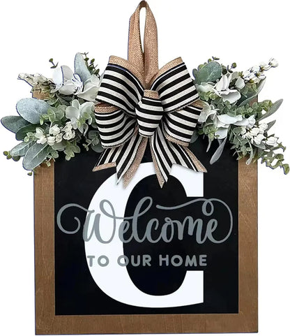 Last Name Year Round Front Door Wreath Front Porch Decoration 26 Letter Welcome Sign with Eucalyptus Garland and Bow Spring Wreaths for Front Door Outside Hanger Garland - kuomie