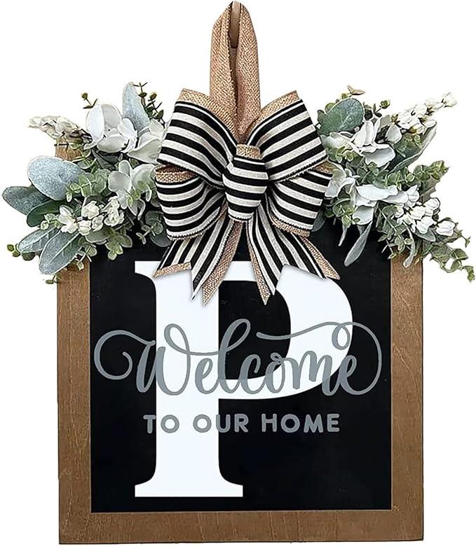Last Name Year Round Front Door Wreath Front Porch Decoration 26 Letter Welcome Sign with Eucalyptus Garland and Bow Spring Wreaths for Front Door Outside Hanger Garland - kuomie