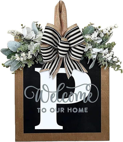Last Name Year Round Front Door Wreath Front Porch Decoration 26 Letter Welcome Sign with Eucalyptus Garland and Bow Spring Wreaths for Front Door Outside Hanger Garland - kuomie