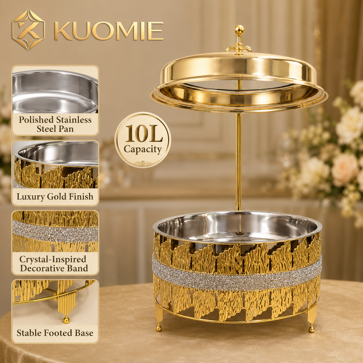 Luxury Gold Round Chafing Dish with Glass Lid