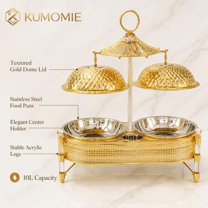 KUMOMIE Luxury Gold Double Chafing Dish Set with Textured Dome Lids, Stainless Steel Food Pans & Acrylic Legs, 10L Buffet Food Warmer for Weddings, Catering, Hotels & Parties